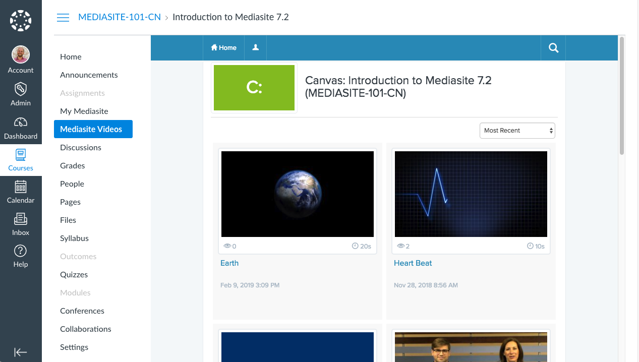 Mediasite Video Collection in Canvas