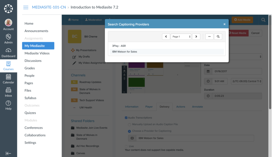 Using Mediasite with Your Canvas LMS → Adding Captions to Your Video