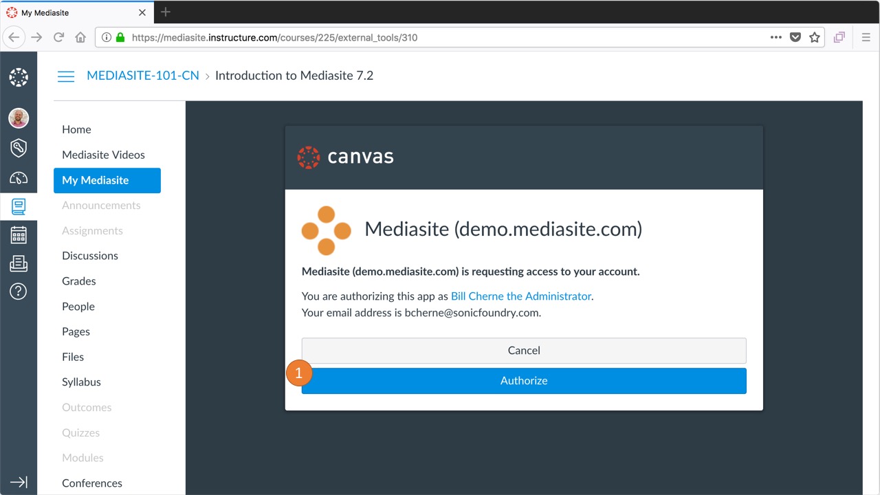 authorize Mediasite to connect to Canvas
