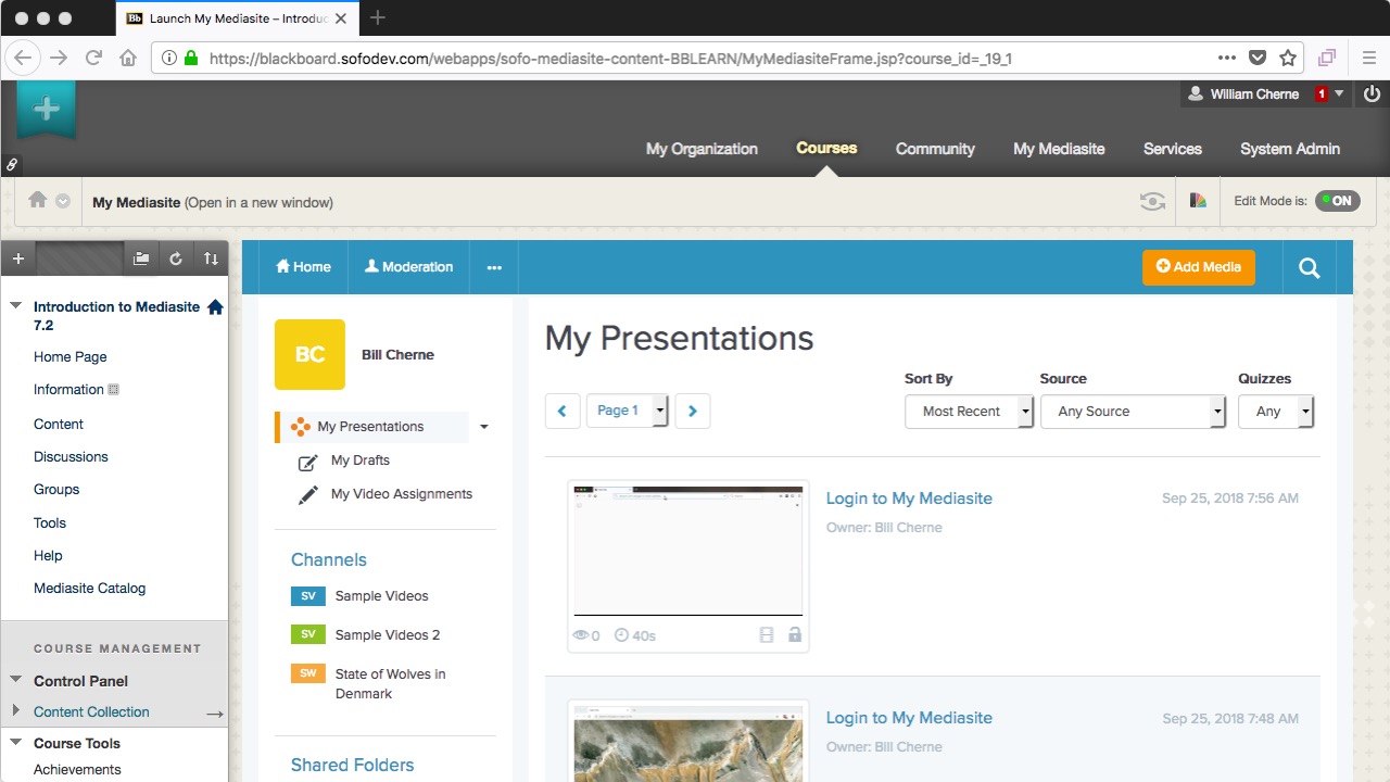 blackboard - using My Mediasite